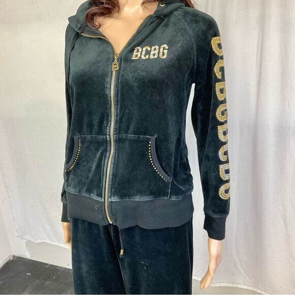 BCBGMaxAzria Y2K Vintage Black Gold Studs Velour Zip Tracksuit Jacket Pants S - Picture 4 of 13